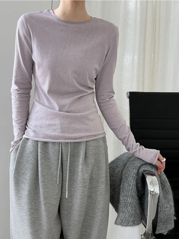 LIinar Korean-Style 2026 Versatile Rolled-Collar T-Shirt Base Layer for Women New Fall Long-Sleeve Fitted Top