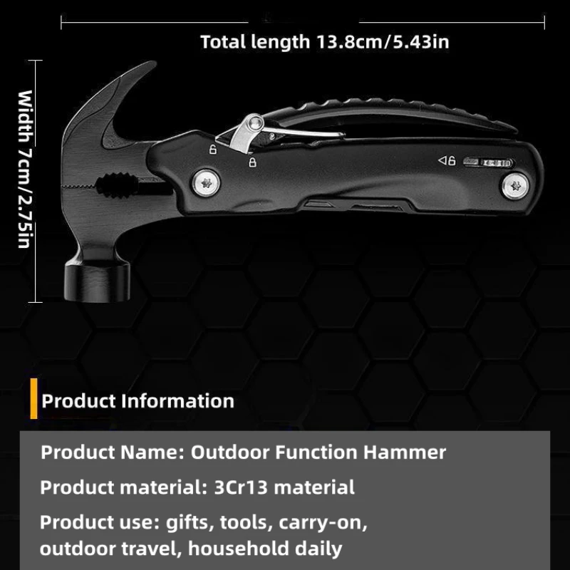 14-in-1 Multi-Purpose Hammer, Survival Portable Multi-Tool with Hammer, Camping Accessories Survival Gear