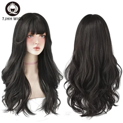 7JHH WIGS 여성용 브라운 애쉬 롱 딥 웨이브 헤어 로리타 가발, 앞머리 합성 가발, 두꺼운 컬 패션, 소녀