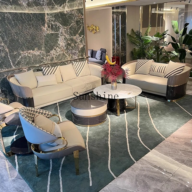 

Modern light luxury leather sofa high-end villa large flat floor living room large apartment luxury Italian simplicity