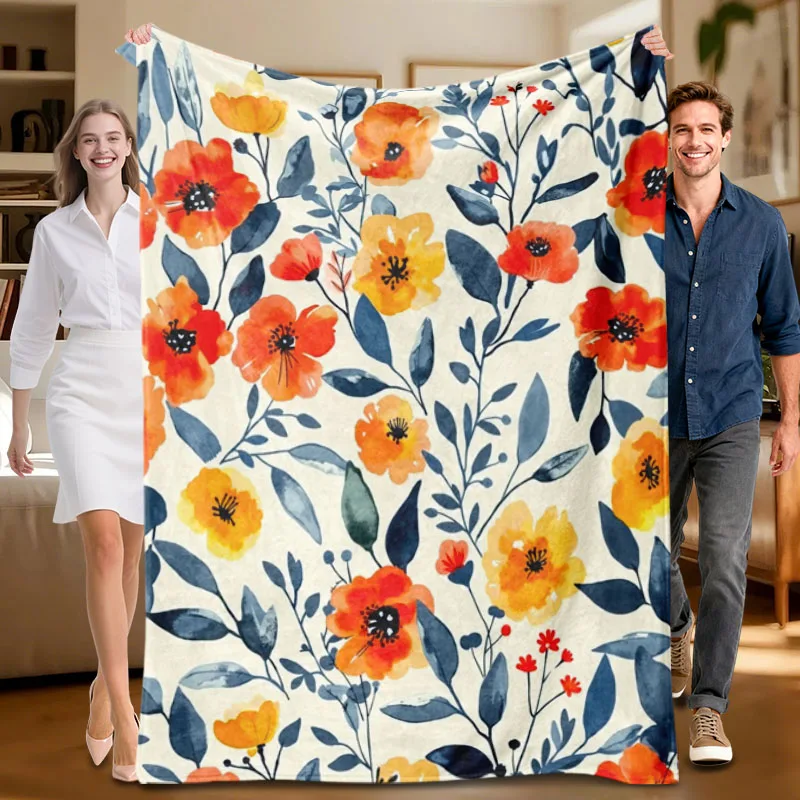 1 piece floral orange and blue flannel blanket, soft, suitable for sofa, bed, office, all-season use.