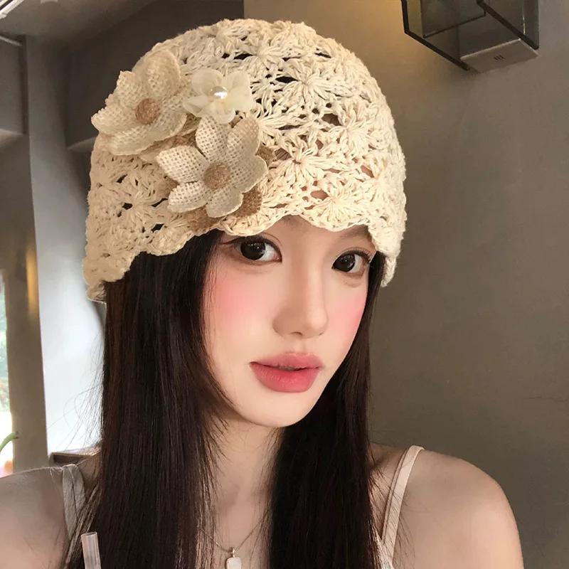 Handcrafted Korean Style Floral Knitted Cap Spring Summer Thin Breathable Overhead Scarf Hat Face Slimming Elegant Cold Hat