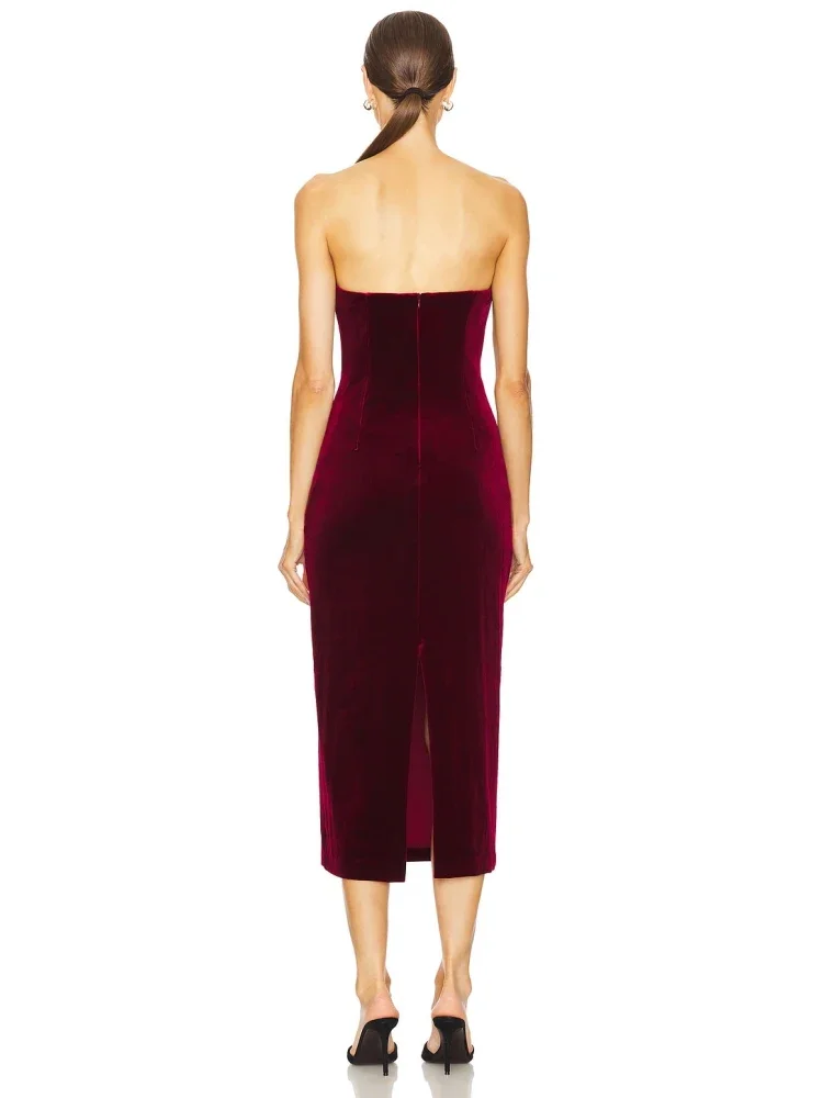Sexy Diepe V-hals Strapless Plooien Ontwerp Midi Jurk Vrouwen Bordeaux Fluwelen Mouwloze Backless Bodycon Jurken Avondfeest Jurken
