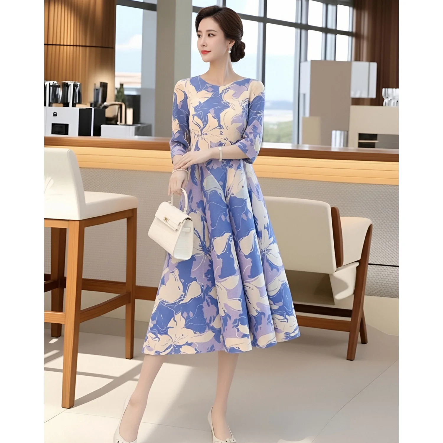 

Miyake Purple Blue Flower-printed Women's Dress Round-neck Three-quarter Pleated Pullover Dresses 2026 Spring New 2DB7209