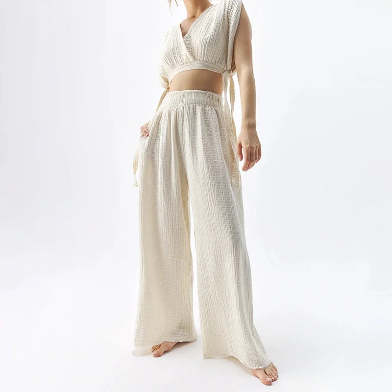 Loose Casual 100% Cotton Muslin Wide-leg Pants For Women Oversize Long High Wasited Streetwear Bottoms Trousers Female Clothing