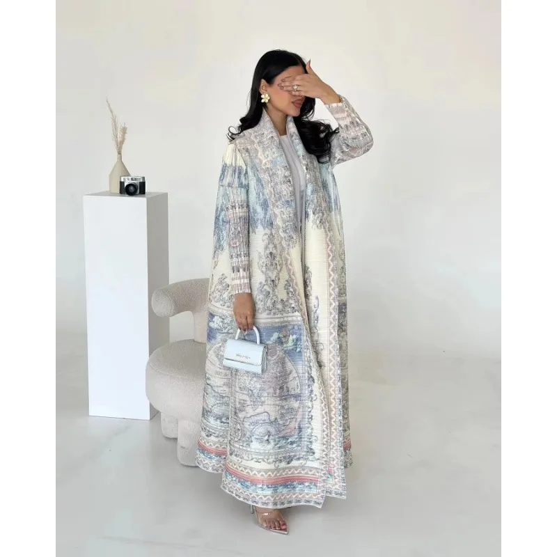KAF Women Large Size Abaya 2025 Spring  Autumn New Retro Printing Cardigan Tie Original Design Dubai Luxury Female Abaya