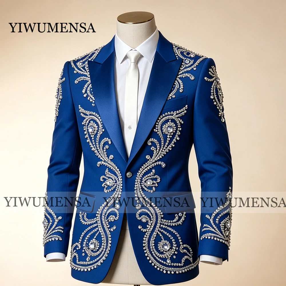 

Brilliant Diamond Beaded Suit For Man Plus Size Single Breasted Jacket Pants 2 Piece Set Groom Wedding Tuxedo Custom Made Outfit