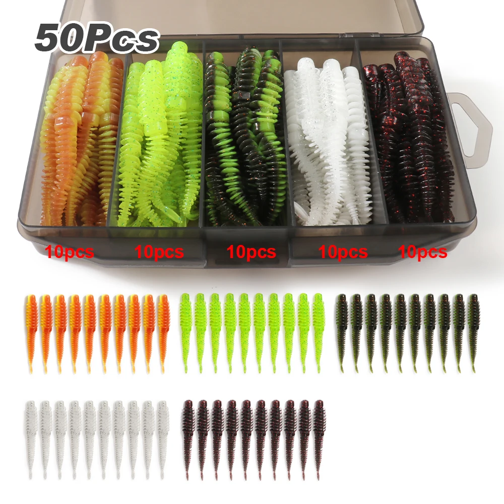 50 Stück/Box Weiche Köder 6,5cm 7,5cm 8,5cm TPE-Wurm mit Jighaken Karpfenangeln Pesca Swimbait-Ausrüstung Fischgeschmack Angelzubehör-Box Köder