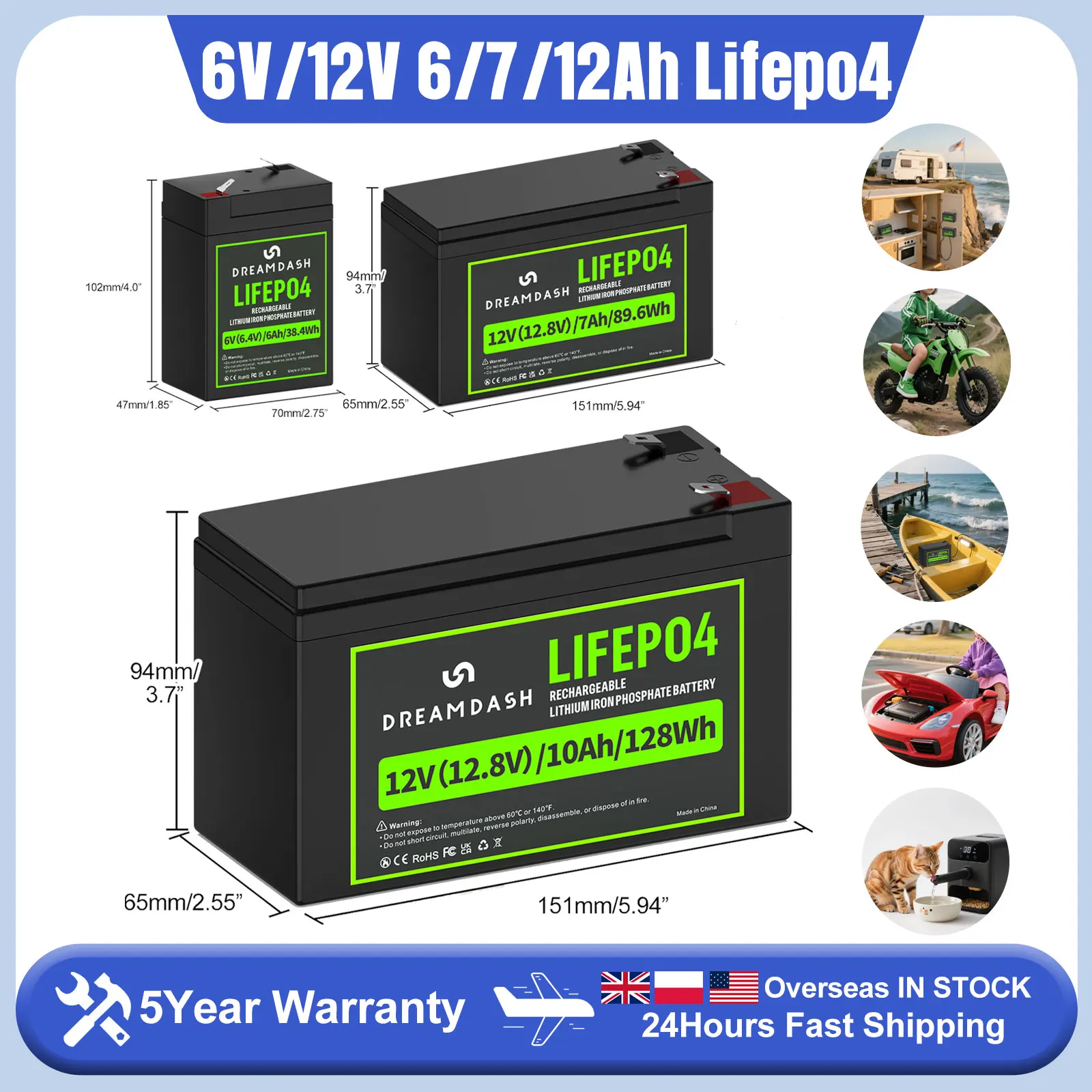 

6V 6Ah 12V 7Ah/10Ah LiFePO4 Battery Pack Built-in BMS 3000+ Cycles For Solar/UPS/Fish Finder/RV (EU Stock)