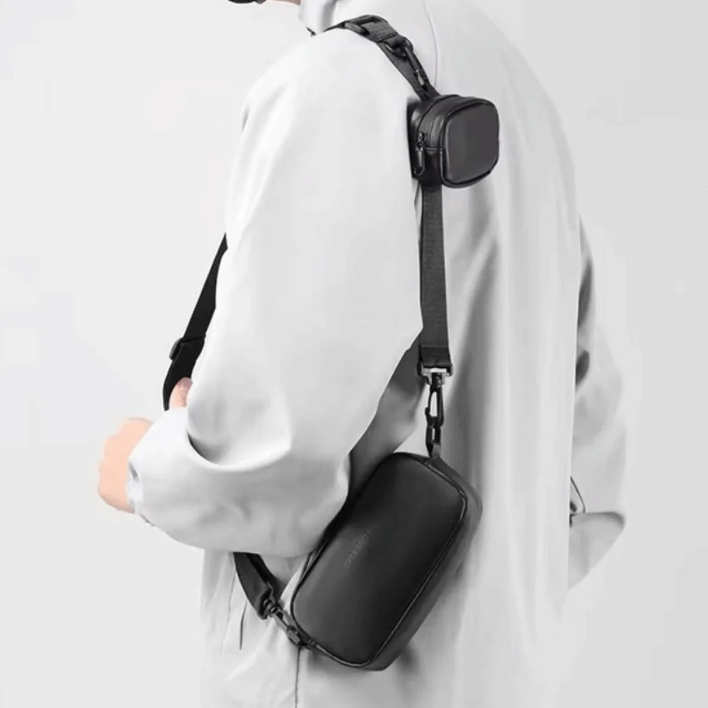 PU Leather Men's Phone Bag High-end with Small Hanging Bag Mobile Phone Chest Bags Square Zipper Black Crossbody Bag Outdoor