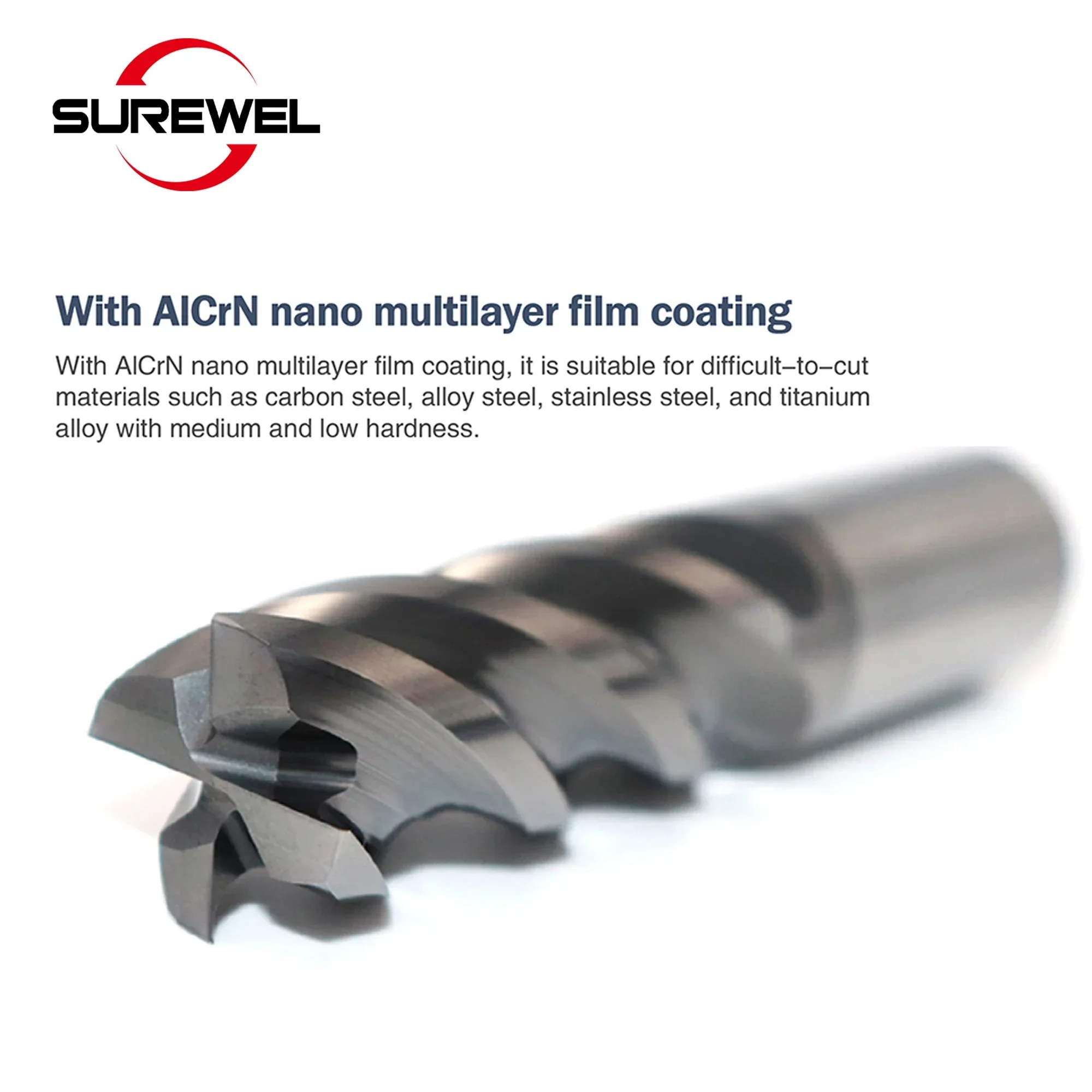 SUREWEL-4 flute tungsten carbide end mill for machining stainless steel, titanium alloy-CNC milling cutter with C angle coating