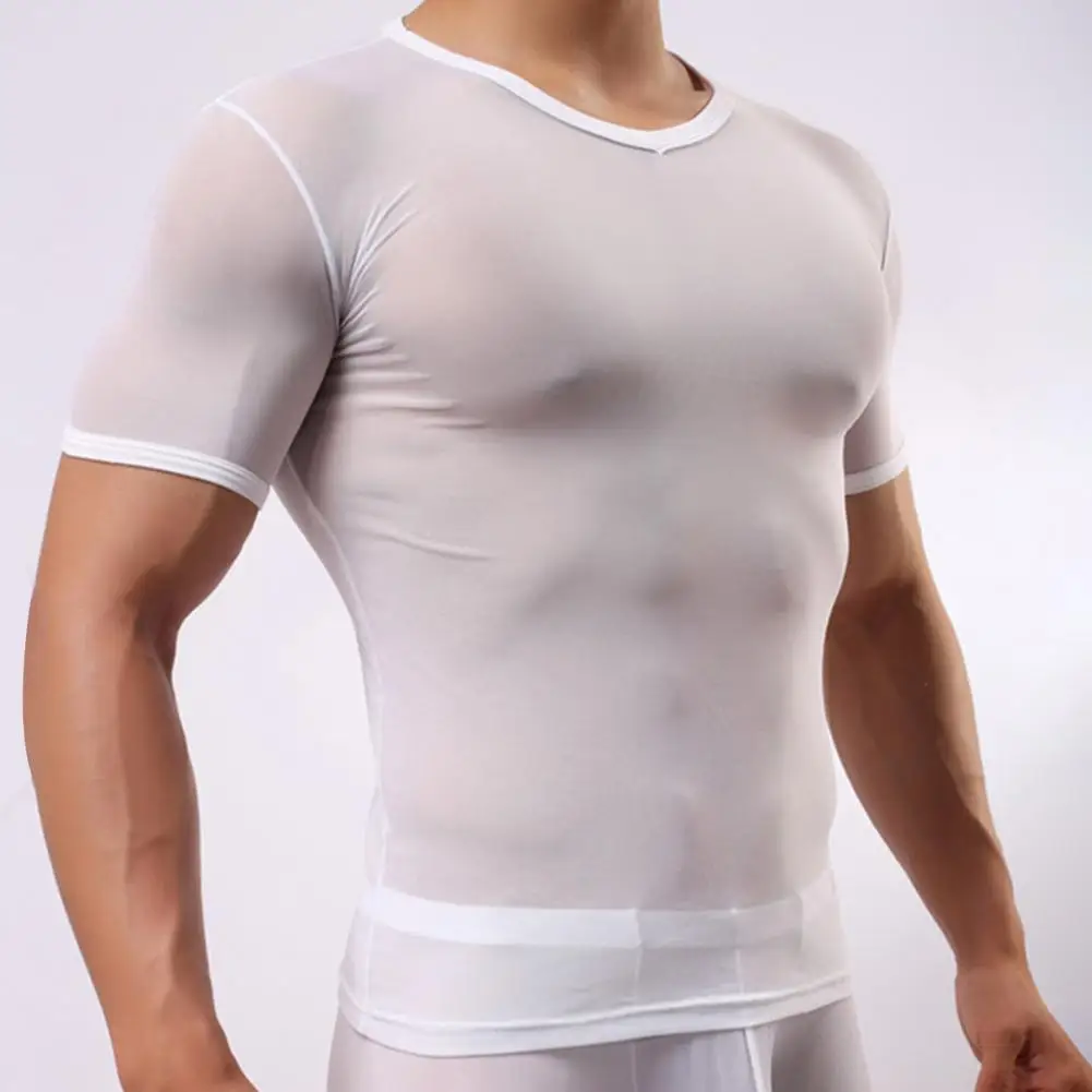 Popular Pullover Top Slim Fit Men T-shirt Crew Neck See-through Hollow Out Mesh Sport T-shirt  Cool