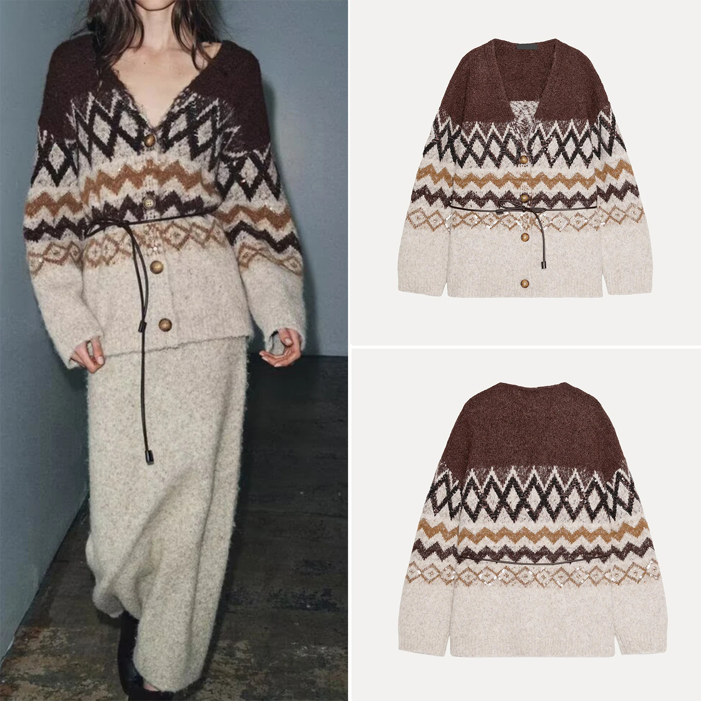 

Осень 2023. Женская вязаная жакетная куртка из фетра, разноцветная, универсальная, модная, V-Ne Long Sve с геометрическим узором.