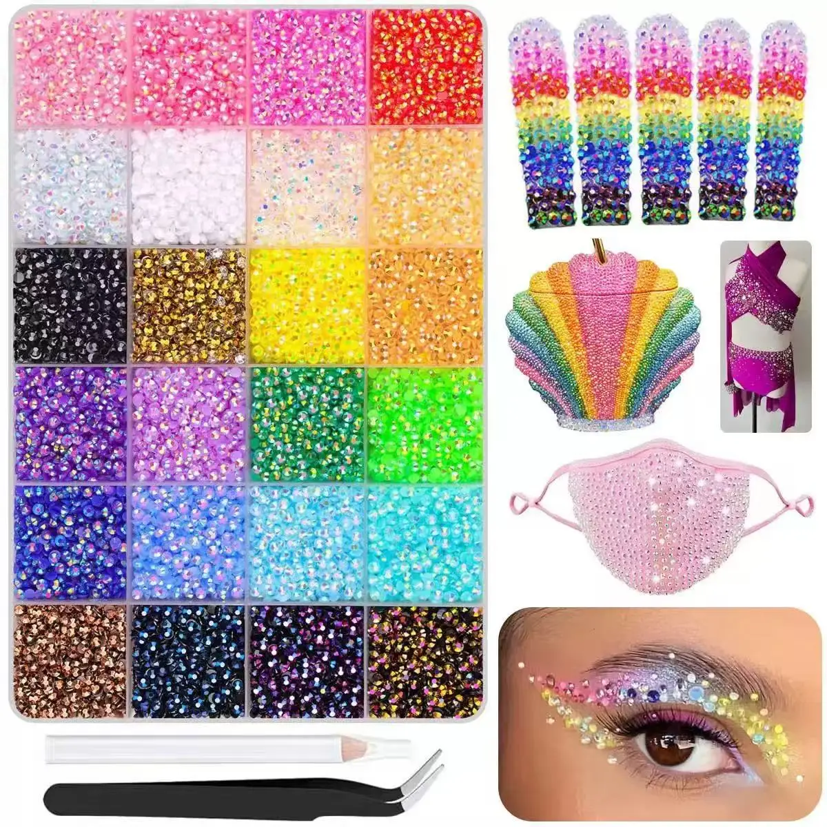 24 Colors 3mm Flat Back Rhinestones Set, Crystal Nail Gems with Pickup Tweezers & Dotting Pen, DIY Decor for Nail Art,