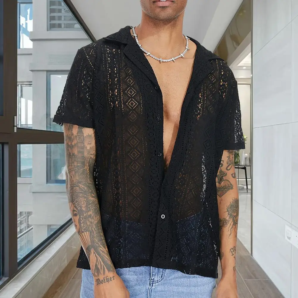 

Deep V Neck See-through Sexy Men Shirt Street Men's Lace Shirt Short Sleeved Flower Transparent Buttons Holiday Hollow Out Shirt