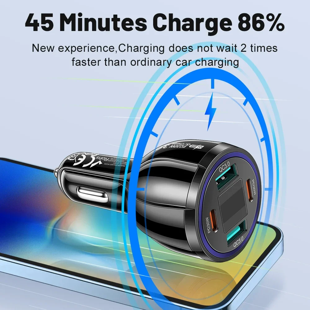 USB C Car Charger Adapter Total 100W 4 in 1 Type C PD Fast Charging with Voltage Digital Display for Mobile Phone Iphone Xiaomi