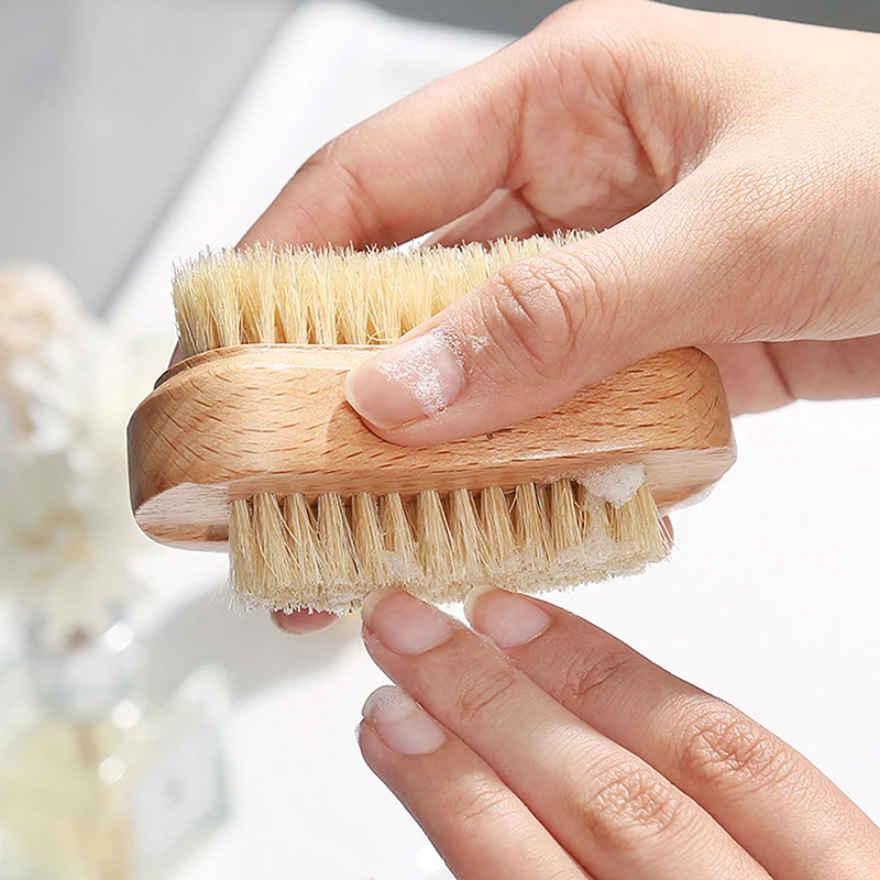 Double Sides Brushes Nail Cleaning Brush With Wooden Handle Natural Bristles Manicure Pedicure Tool Scrubbing Brush