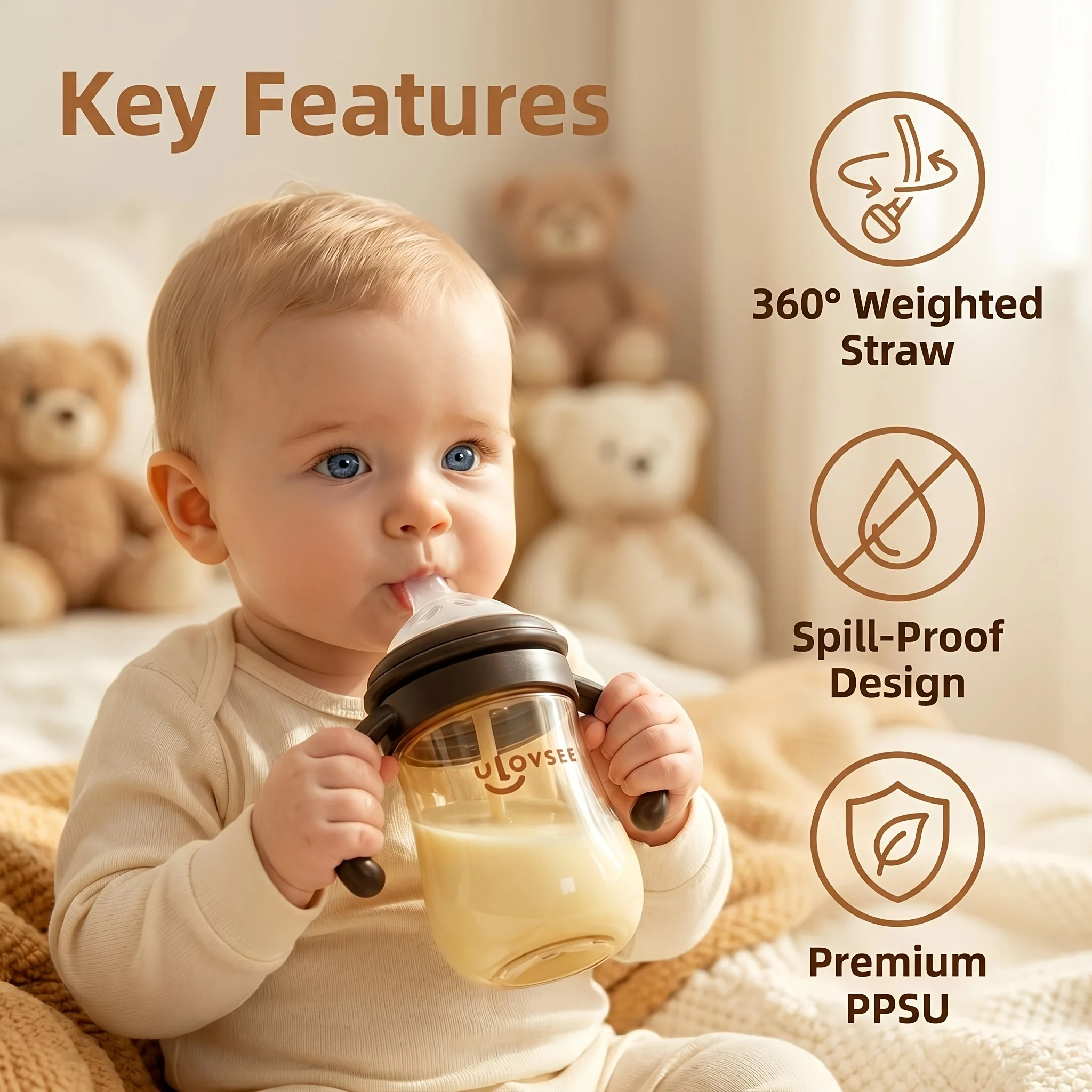 120ml/240ml Cute Bear-Ear Baby Bottle with Handle and Weighted Straw, Wide Neck Feeding Bottle, Milk Bottle, Makes Feeding Easy