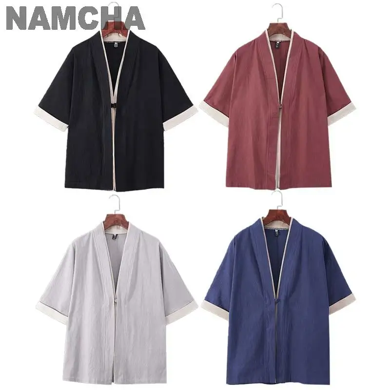 Volwassen Japanse Kimono Mantel Casual Zwart Dun Strand Shirt Zeven Minuten Mouw Zomer Capes Vest Heren Jas Kleding Bovenkleding