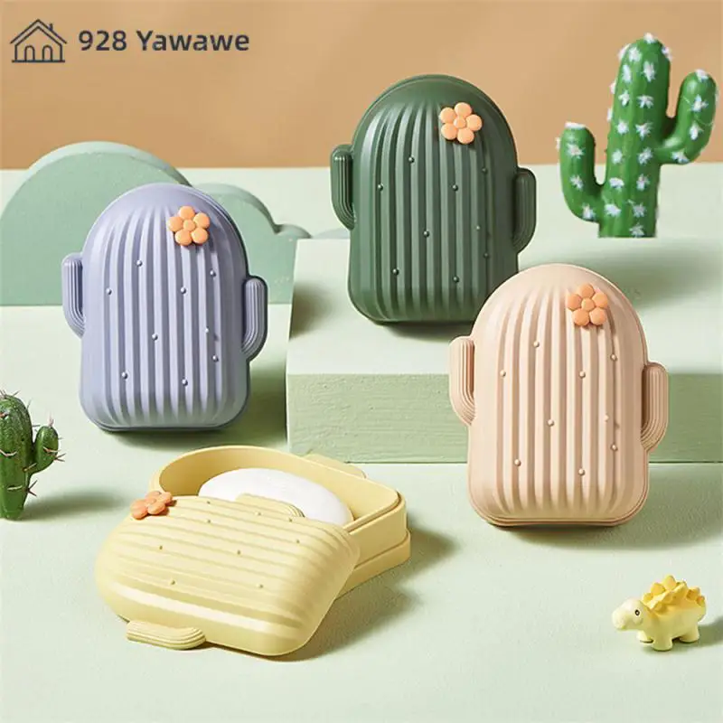 Shower Room Convenient Drainage Cartoonish Lovely Soap Box With Cover Common For Travel Dormitories Cactus Soap Box