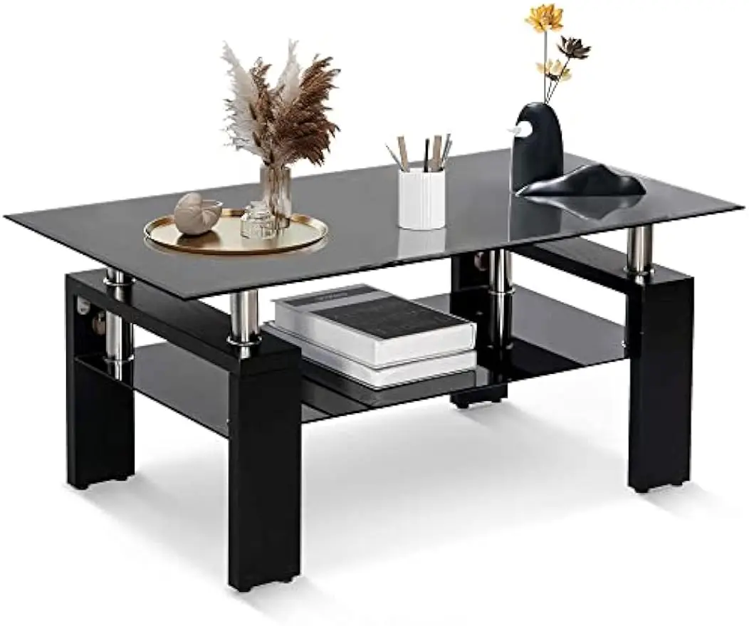 

2-Tier Center Table Modern Black Side Coffee Table for Living Room Reception Room Office with Lower Shelf, Wooden Legs