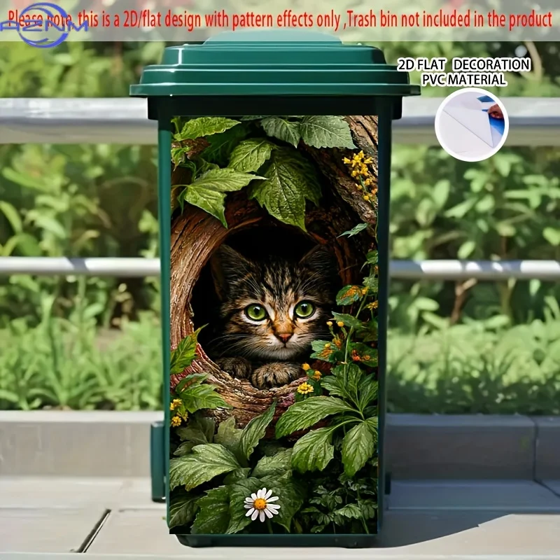 Realistic Kitten in Log Hole with Greenery Self-Adhesive PVC Stickers - Removable Durable Large 14.57x32.28 Inch (37x82cm) Whe