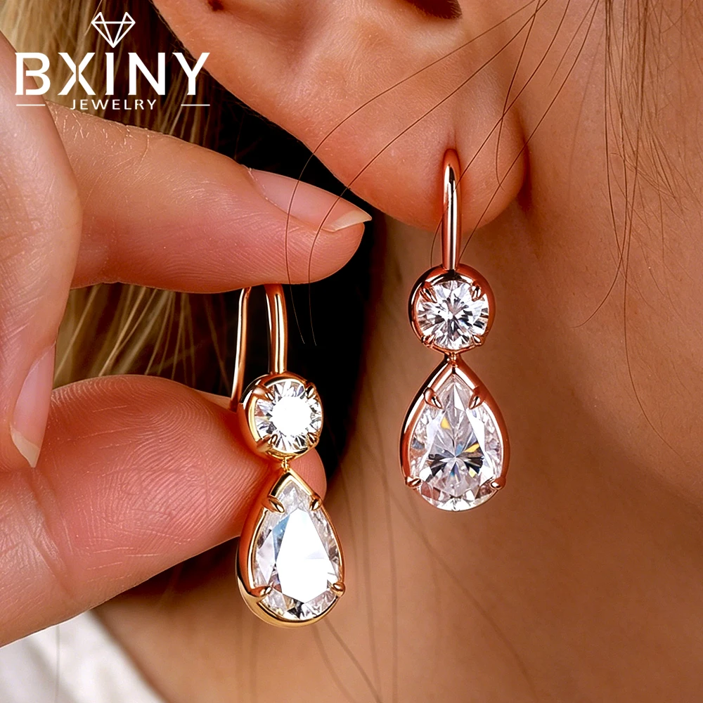 

BXINY WaterDrop All Moissanite Hook Earrings S925 Silver for Women Pear Cut Diamond Elegant Bridal Dangle Ear Studs Gift Jewelry