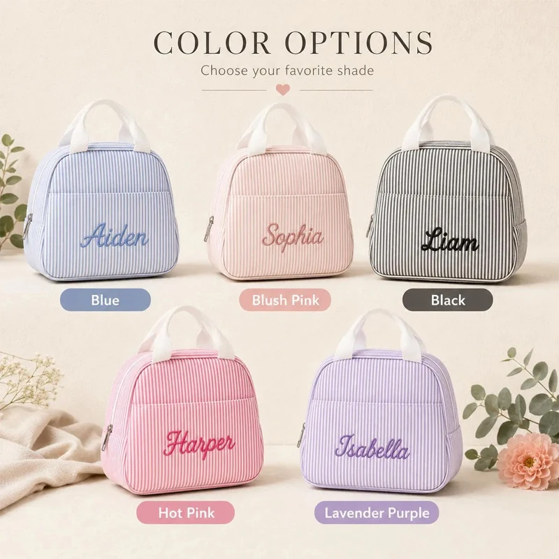 Personalized Embroidered Lunch Bag for Kids Custom Name Insulated Lunch Box Seersucker Lunch Tote Back to School Gift Lunch Bags