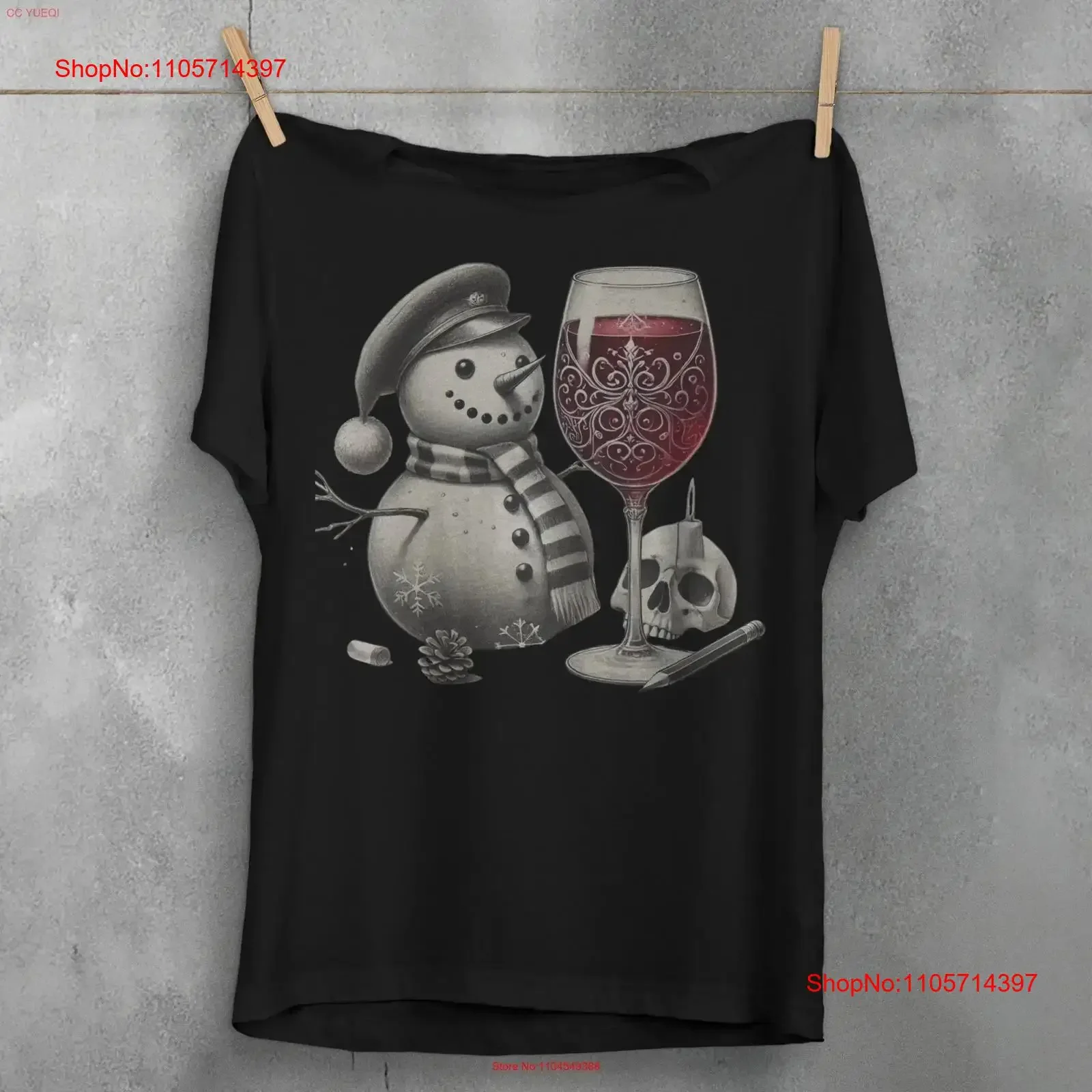 Snowman With Wine Glass T Shirt Skull Candle Black Art Dark Academia Top Christmas New Year Witchcraft Goth Apparel Plus Size