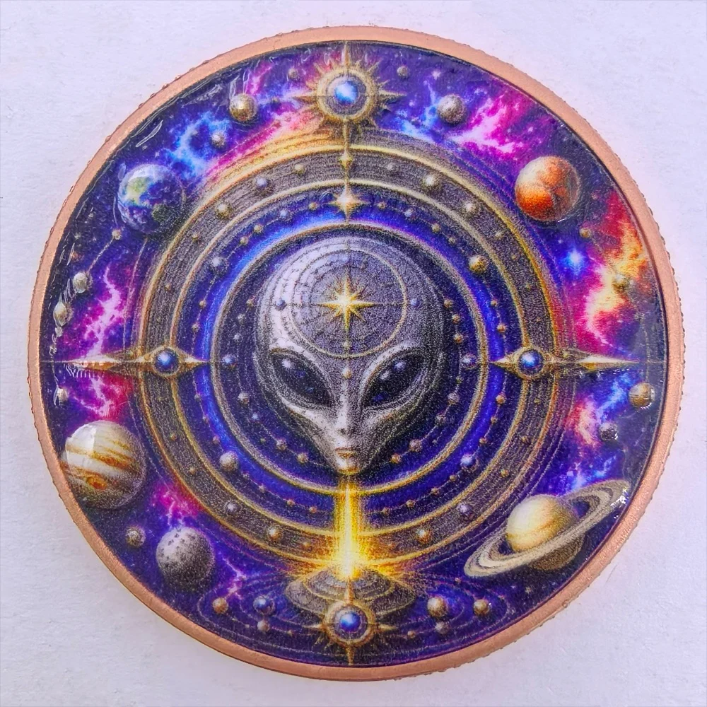 Alien 1 OZ .999 Pure Copper Commemorative Coin Color Print Alien UFO Solar System Planet Sci-Fi Metal Collectible Decor Gift