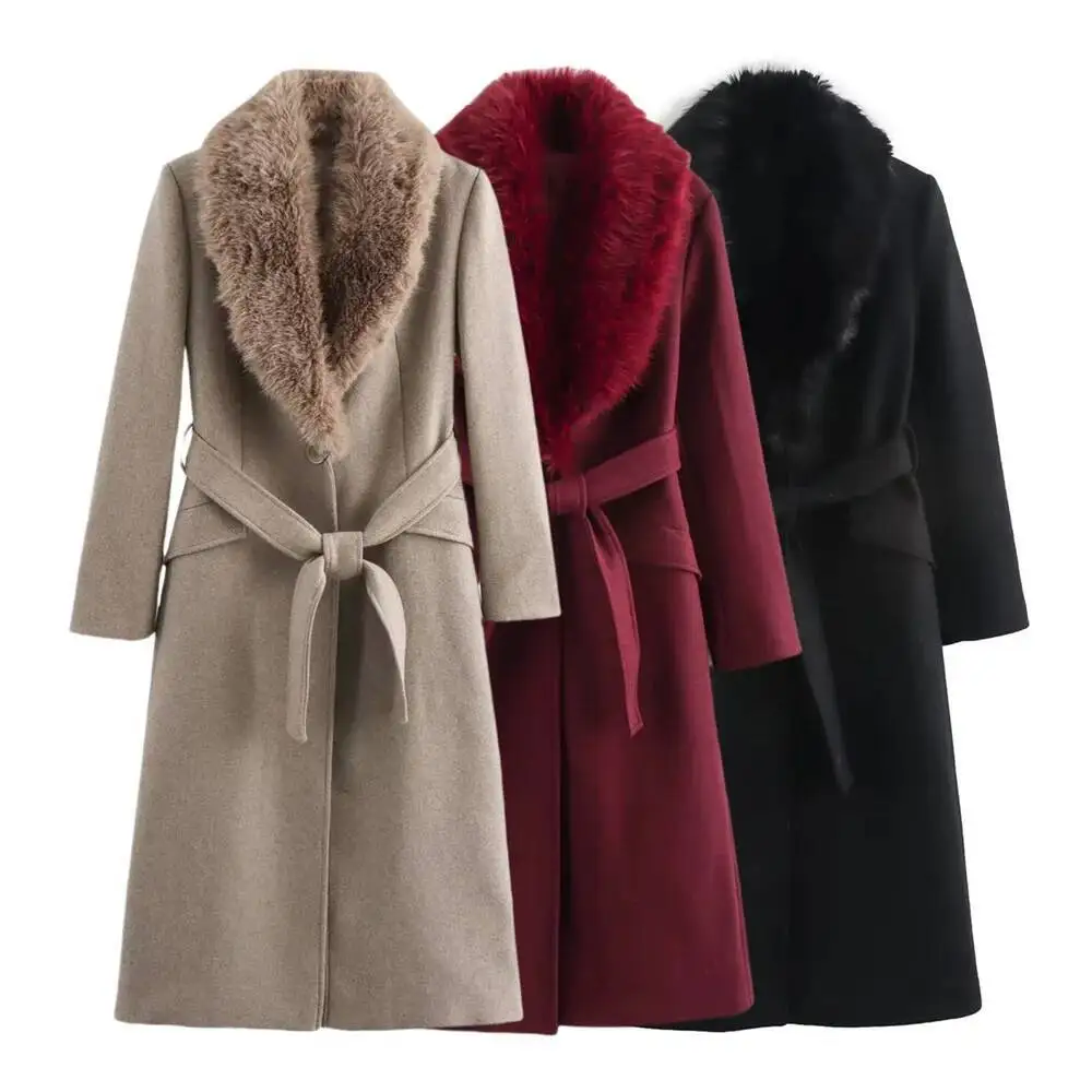 Herbst Winter Neue frauen Kleidung Abnehmbare Pelz Kragen Krawatte Medium Und Lange Woolen Mantel Für Frauen