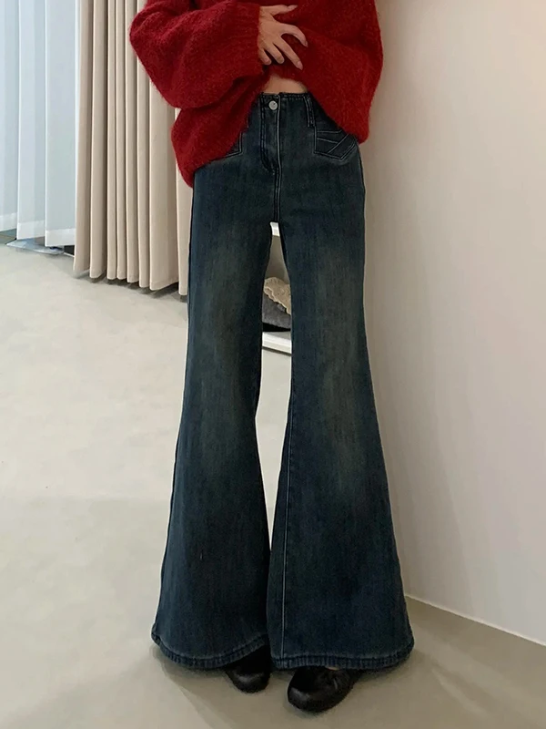 

Retro American High Waist Wide Leg Jeans Women's Winter Loose Straight Cut Denim Pants with Frill Bot Floor Length