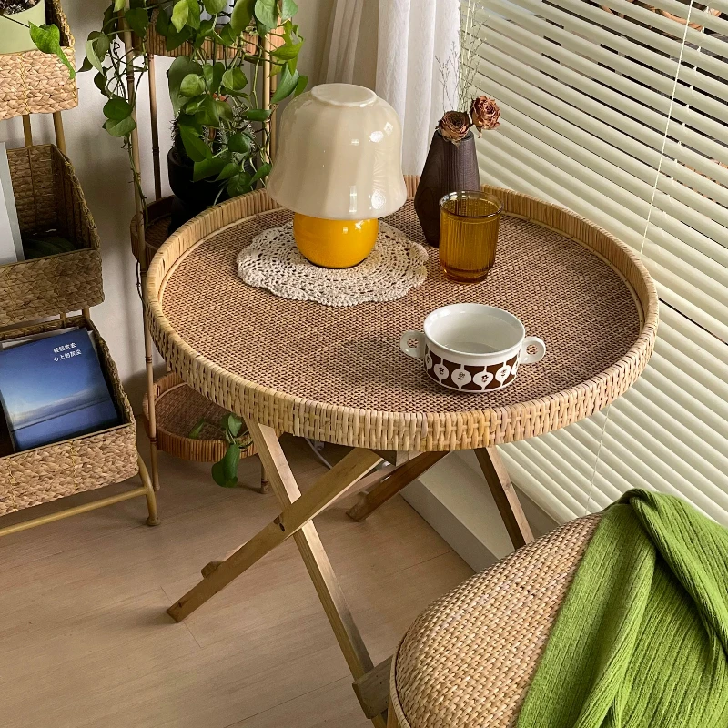 Runde Kaffeetische aus Rattan, zusammenklappbar, einfach, originell, für Wohnzimmer, Kaffeetische, Balkon, Tee, Wohnmöbel, Teapoy HQ40CJ