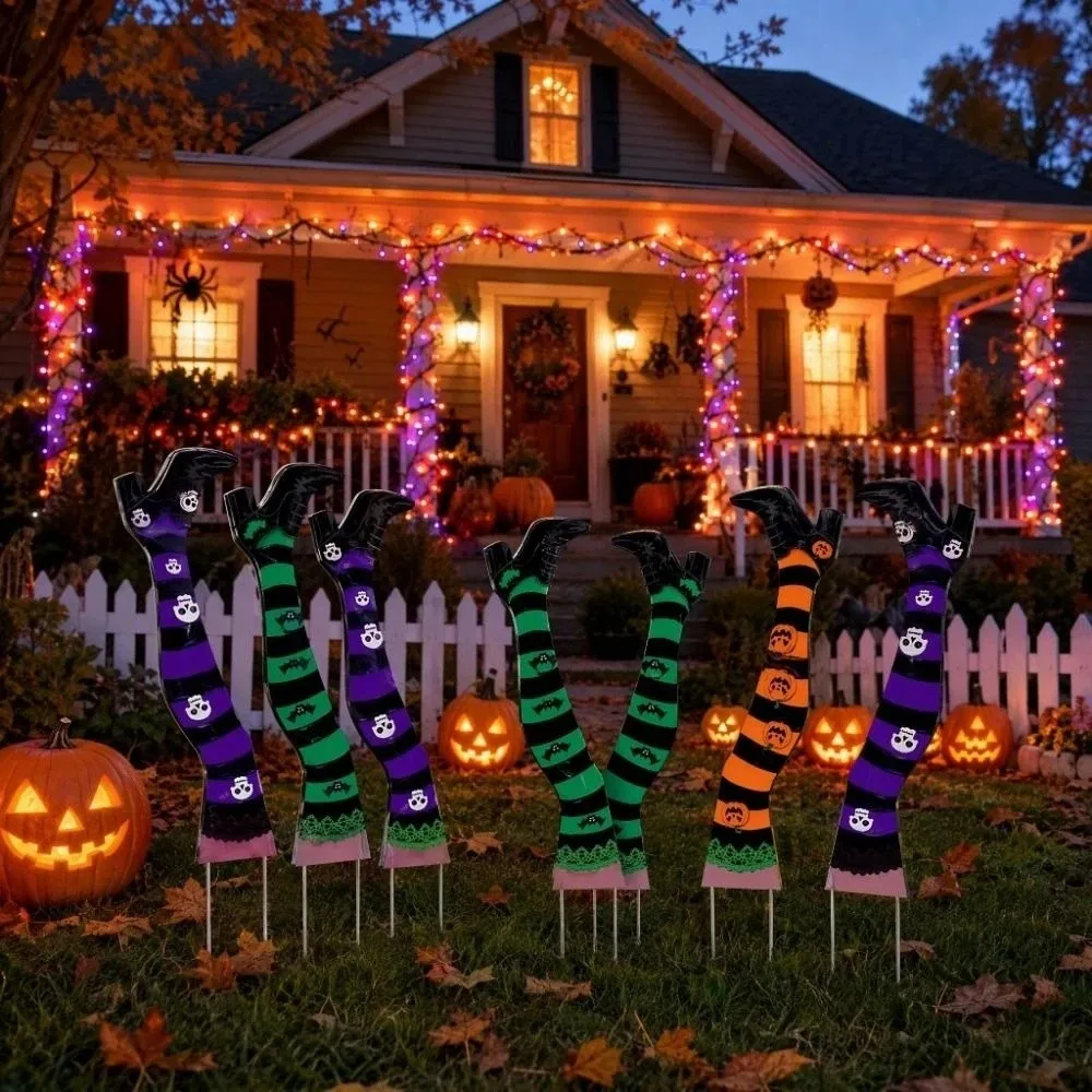 6pcs Striped Print Halloween Yard Stakes Skull Pumpkin Bat Witch Legs Decoration Outdoor Plastic Witch Feet Lawn Decor
