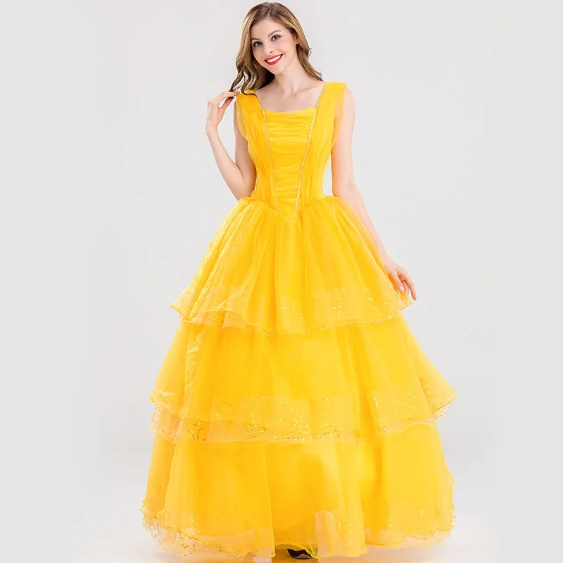 Beauty And The Beast Costumes Princess Belle Dresses Adult Cosplay Yellow Ball Gown Dress For Women Halloween Fantasias Costume