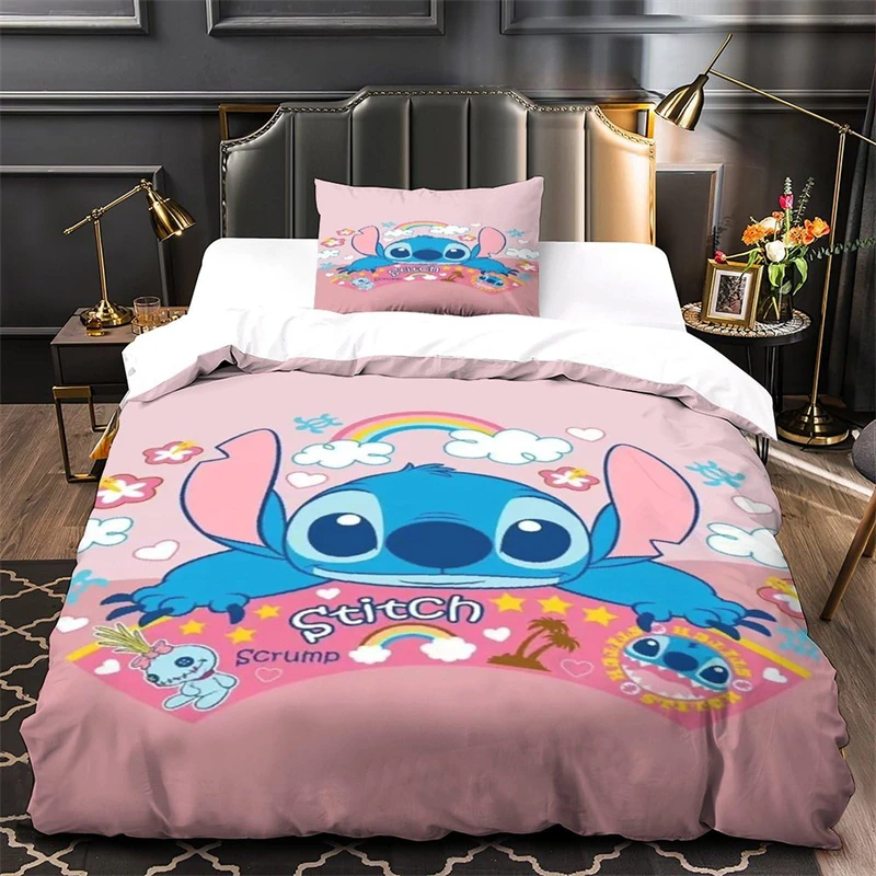 Stitch 3D Printed Bedding Set Kids and Adults Duvet Cover Soft Microfiber Cute Cartoon Pink Duvet Cover with Pillowcase Single