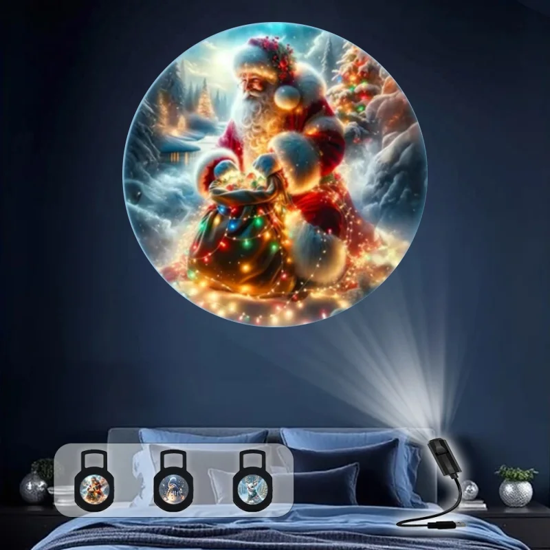 LED USB Projector Light 3/4pcs Projection Patterns- Adjustable Santa Claus Snowman Tree Night Light for Christmas Decorations