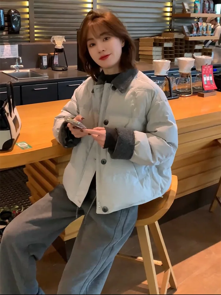 

Korean Style Color Block Woolen Fashionable Duck down Jacket Women's Loose Warm Outerwear Short Length Zipper Closure