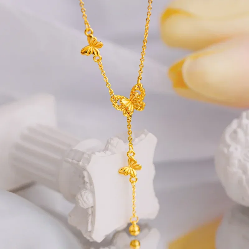 9999 Real Gold 24K Tassel Butterfly Necklace Female Niche Light Luxury High Sense Fashion Versatile Collarbone Chain