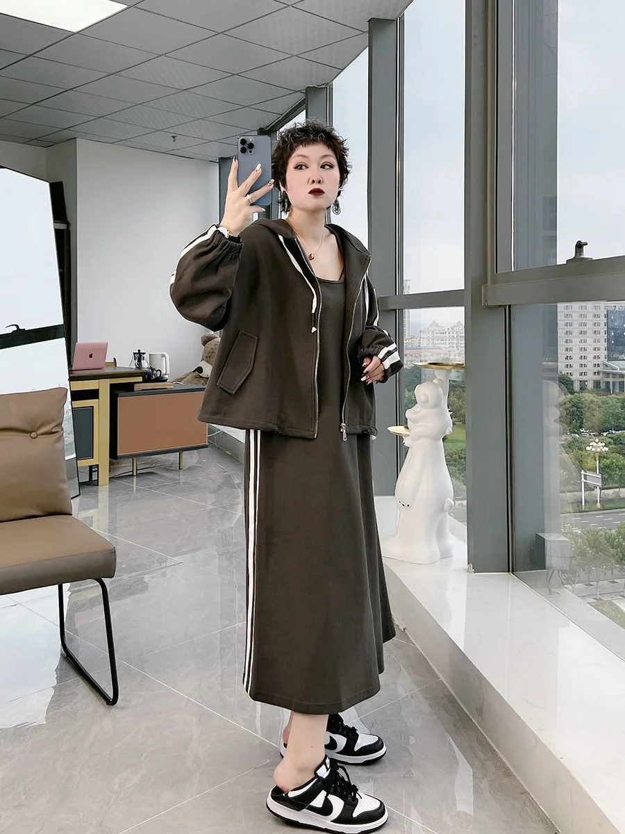 

plus Size Women's Spring Autumn Outfit Vest Skirt Hoodie Two Piece Set Casual Loose Faion Korean Sle Striped A-Line Skirt