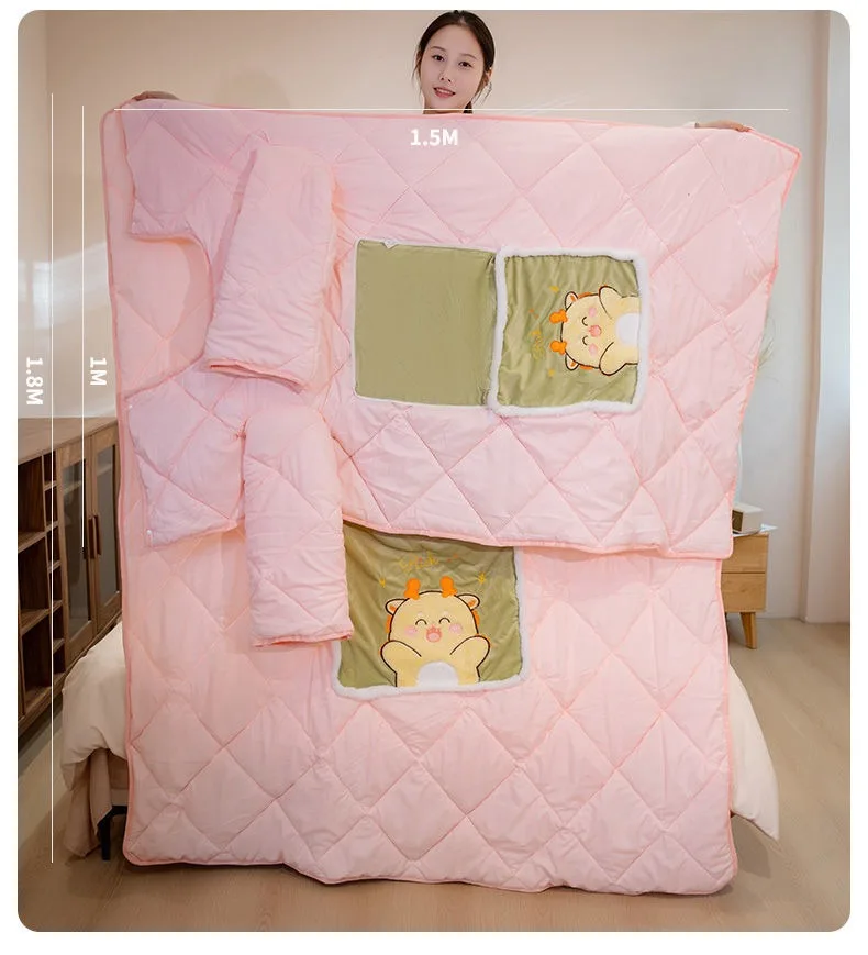 Wearable Blanket With Sleeves 2in1 Foldable Pillow Quilt Cartoon Thick Warm Cushion Home Office Nap Sofa Bed Car Travel Winter