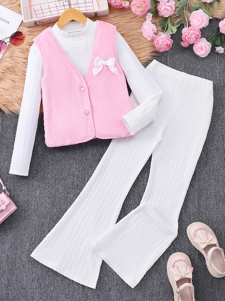 Herbst und Winter Damen- und Kinder-Schleifenweste, einfarbiges, langärmliges T-Shirt und Schlaghose, dreiteiliges Set