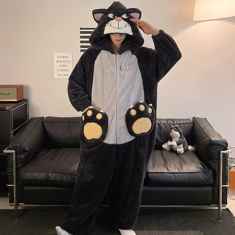 Winter Anime Cat Lovers Pajamas Women Jumpsuits Men Pyjamas Cartoon Hooded Korean Thicken Warm Sleepwear Homewear Onesie