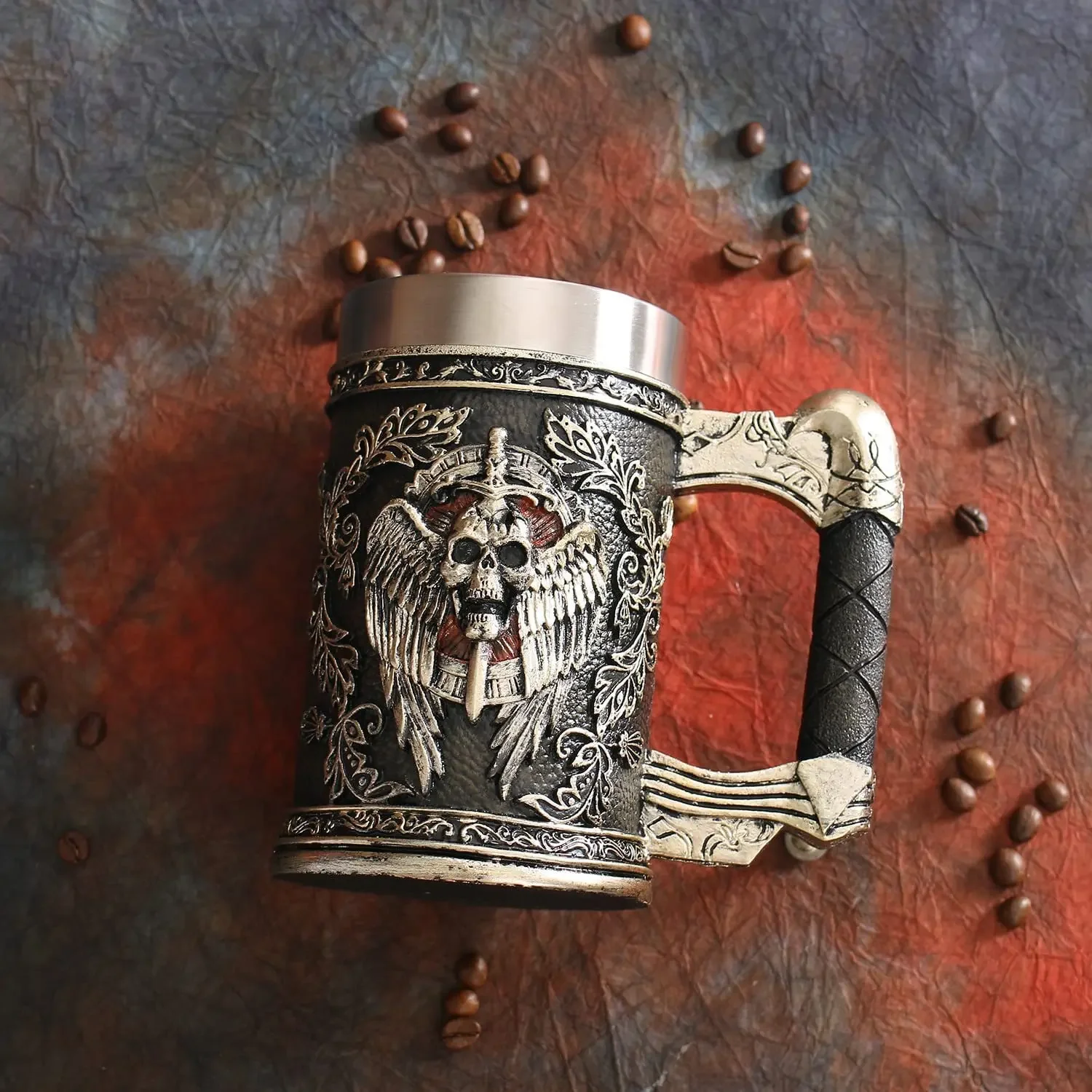 Retro Death Skeleton Mug Tankard Stainless Steel Resin Medieval Wing Sword Shield Grim Reaper Leather Beer Cup 600ml 3D Mugs