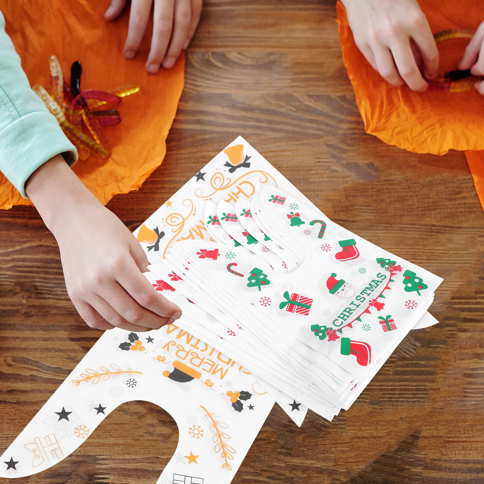 

100pcs Rabbit Ears Gift Bags Christmas Printed Large Capacity Party Storage Bags for Candies Cookies Snacks Plastic Bag Set