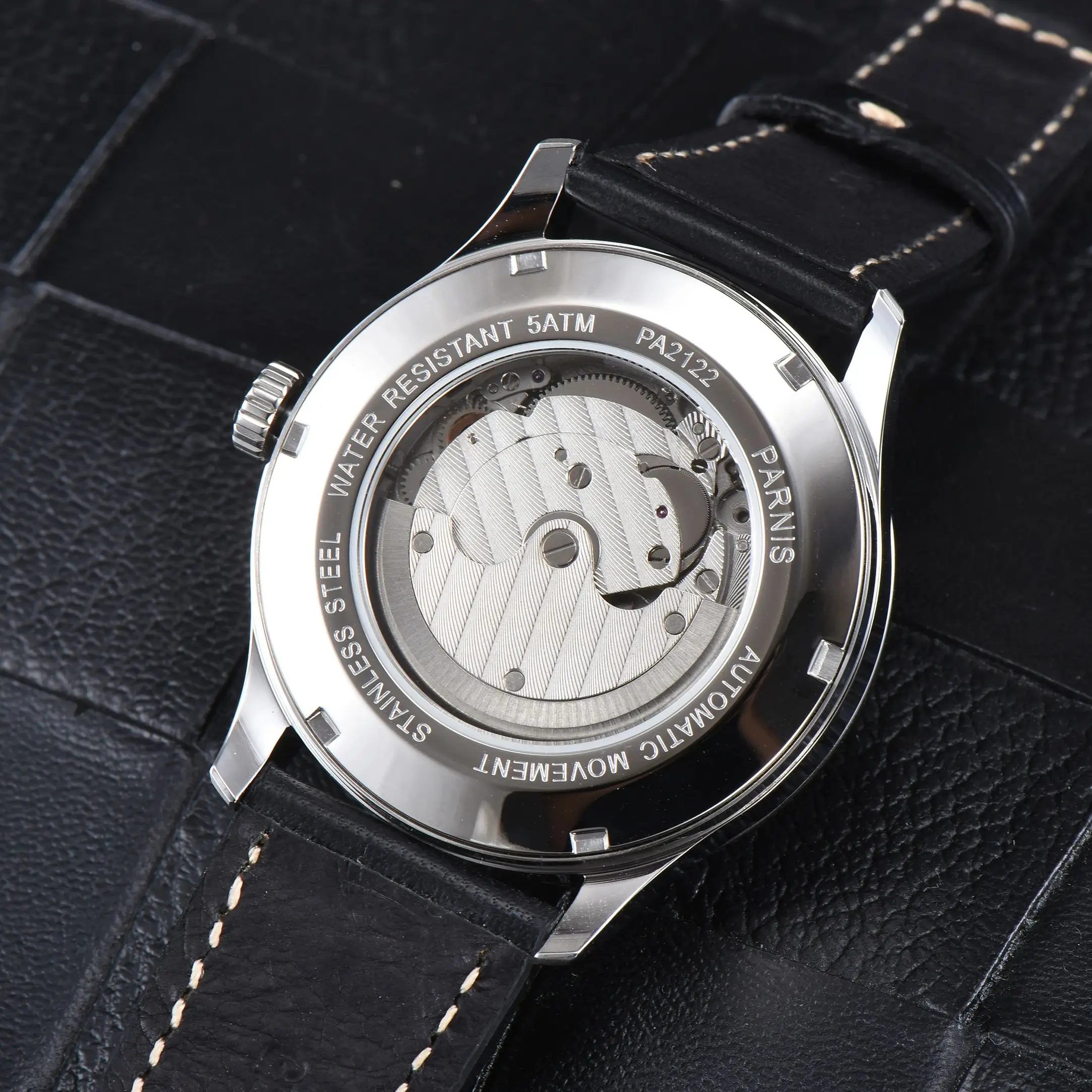 موضة بارنيس 41.5 مللي متر الأسود الهاتفي التلقائي الرجال الساعات التقويم حزام من الجلد ساعة ميكانيكية للرجال reloj hombre 2025 ساعة