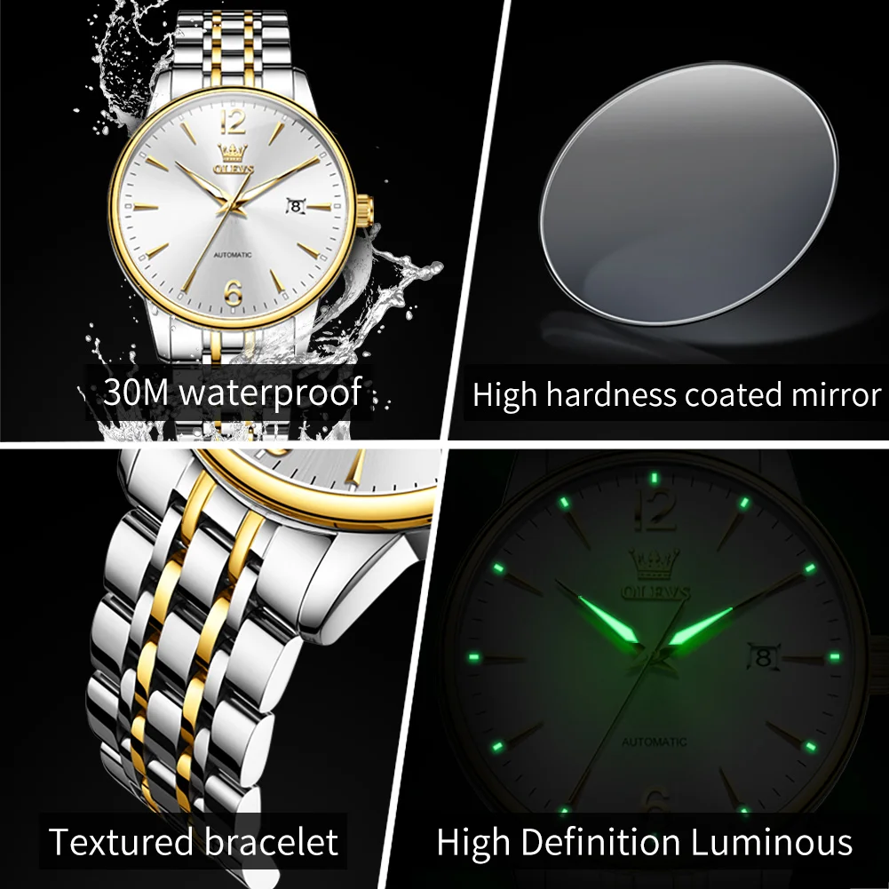 Men's Luxury Automatic Watch, Gold Silver