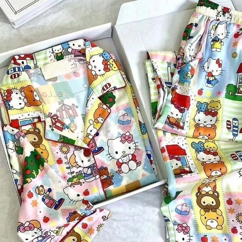 

Sanrio Hello Kitty Sleepwear Set Women's Spring And Autumn New Cartoon Cute Loose Long Sleeved Pants Home Clothes Two-piece Set