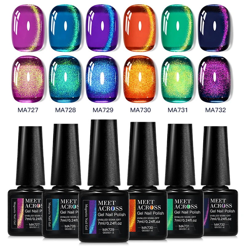 MEET ACROSS 7ml Purple Gem Cat Magnetic Gel Nail Polish Sparkling Glass Bead Effect Semi Permanent Varnish Soak Off Gel Nail Art