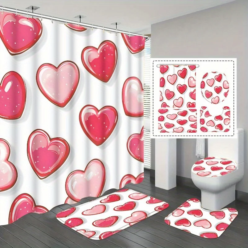 

Комплект занавесок для душа с красным сердечком, 4 шт., занавеска для душа с крючками, нескользящий коврик, чехол на сиденье унитаза, нескользящий коврик.